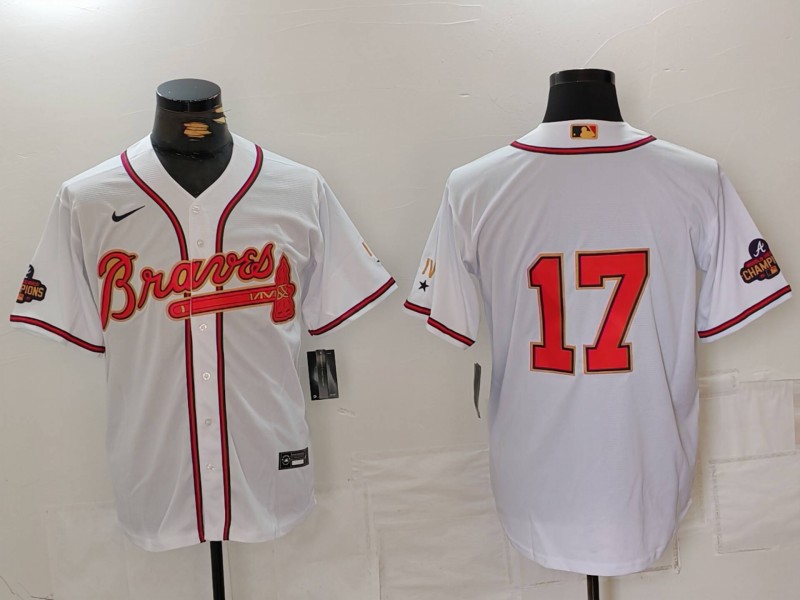 Men's Atlanta Braves #17 Andy Messersmith White/Gold World Series Champions Cool Base Stitched Baseball Jersey